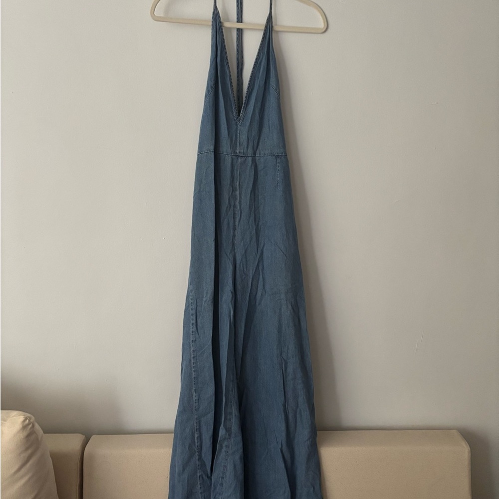 Free People Josie Wide Leg Halter Jumpsuit in chambray denim, sz M - Picture 2 of 3